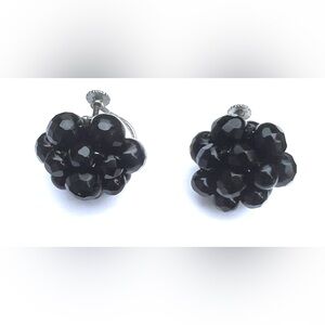 Vintage West Germany Screw Back Earrings Black Milk Glass Beads Cluster